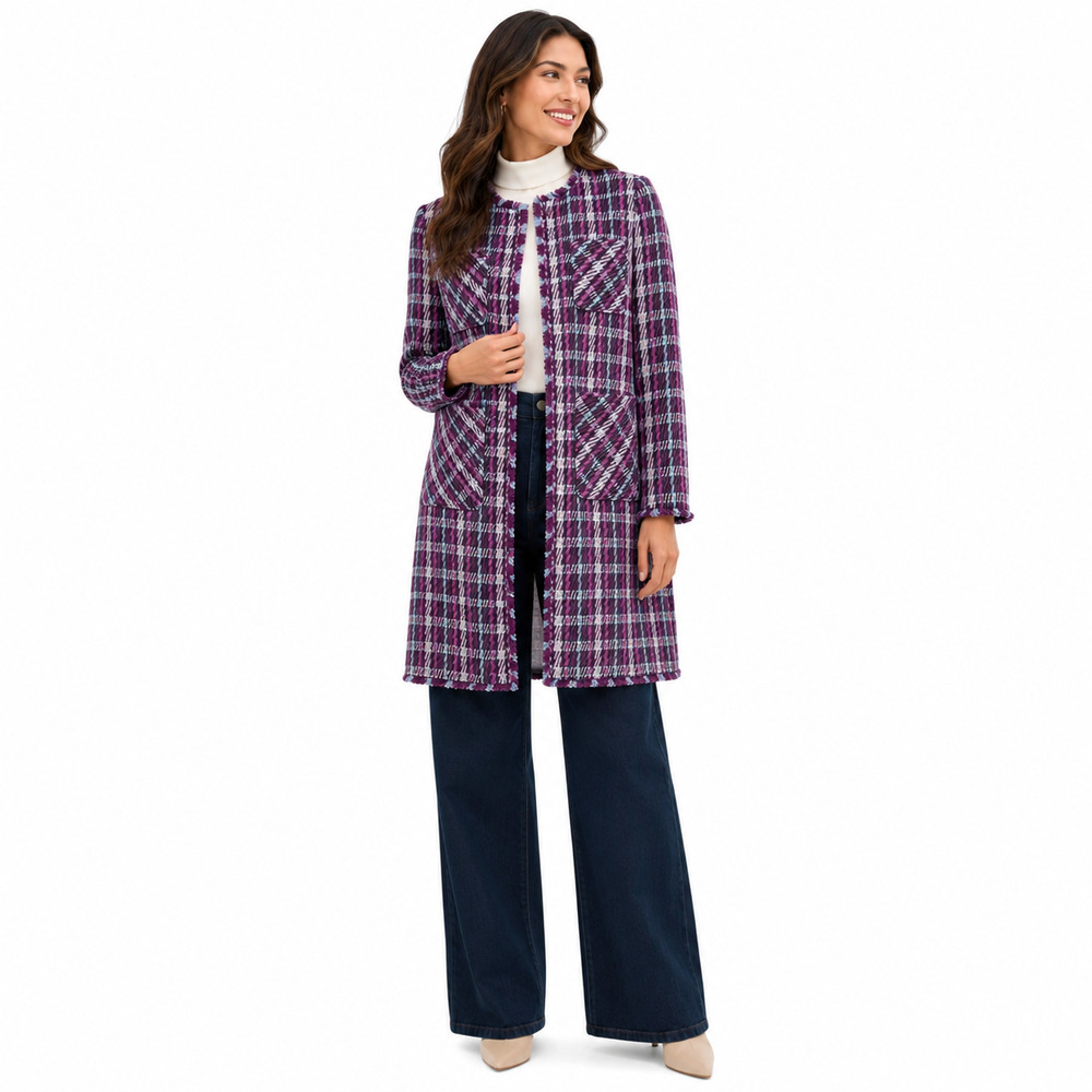 Kate Spade Womens Tweed Coat Size 4 Purple Plaid Fringe Jacket Luxury Parisian